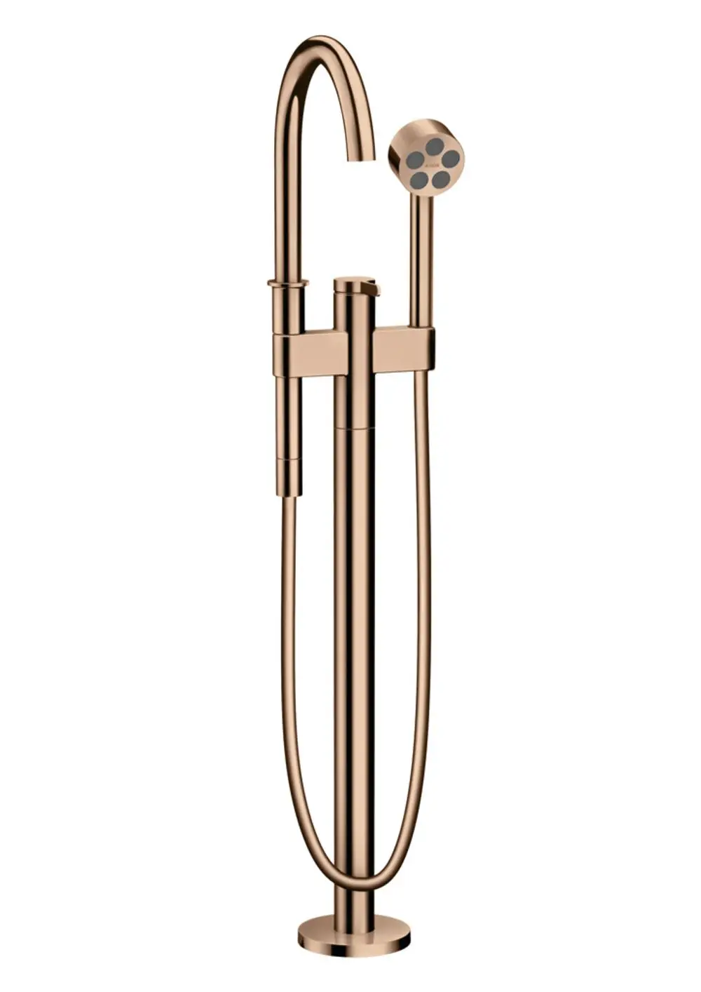 Bodenstehender Einhebel-Wannenmischer in poliertem Rotgold von AXOR, mit einem geschwungenen Auslauf und einer Handbrause in zeitgemäßem Design.